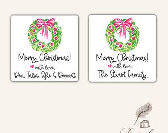 Etiqueta de regalo con corona rosa preppy de Feliz Navidad, etiqueta personalizada Grandmillennial, etiqueta cuadrada para regalar, varios tamaños