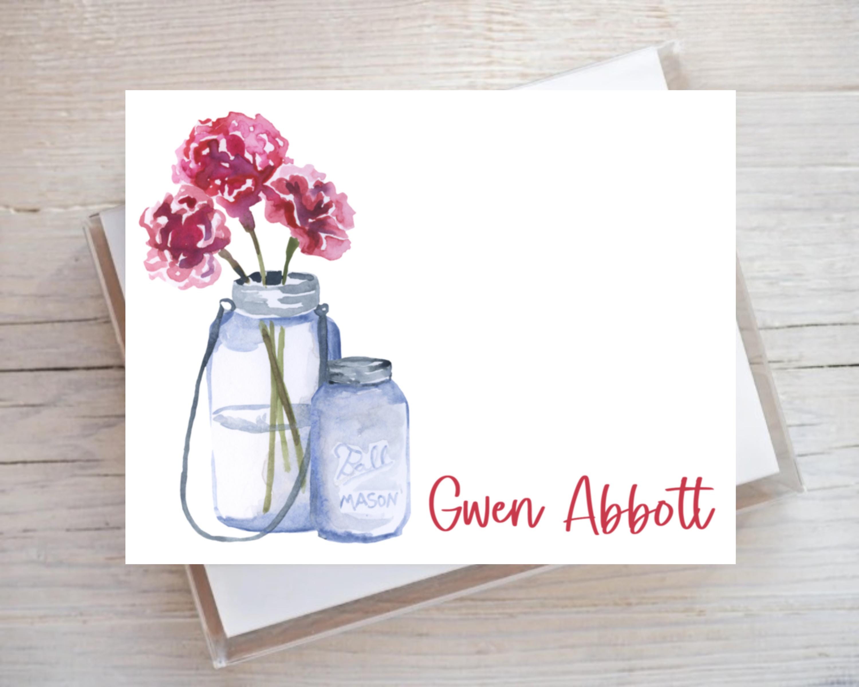 Watercolor Mason Jar Pink Red Flower Farmhouse Style Notecard Note Card ...