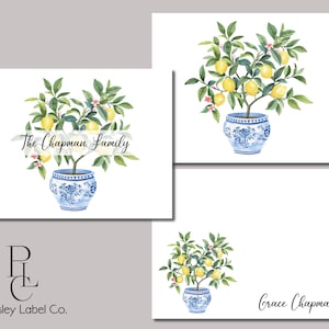 May include: A set of three blank note cards featuring a watercolor illustration of a lemon tree in a blue and white porcelain pot. The cards are perfect for personal correspondence or as a decorative element. The text "The Chapman Family" is printed on one card, and the text "Grace Chapman" is printed on another card.