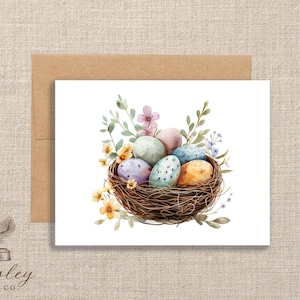 Watercolor Easter Egg Nest Note Cards Folded Notecards Spring Floral Flower Cards Optional Personalized Name Easter Stationery Set of 12
