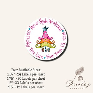 Merry Christmas Bright Funky Whimsical Christmas Tree Hot Pink Gifts Presents Round Circle Return Address Labels Stickers Multiple Sizes