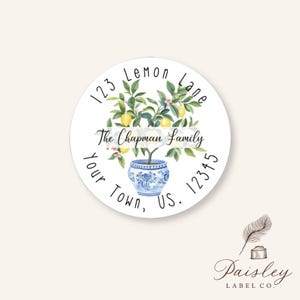Lemon Tree Topiary Chinoiserie Preppy Blue Toile Round Circle Return Personalized Return Address Labels Mailing Stickers Multiple Sizes