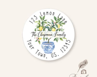 Lemon Tree Topiary Chinoiserie Preppy Blue Toile Round Circle Return Personalized Return Address Labels Mailing Stickers Multiple Sizes