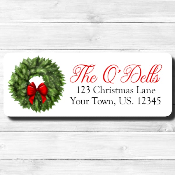 Winter Christmas Wreath Red Bow Lights Evergreen Pine Tree Branch Personalized Custom Holiday Return Address Labels Stickers Sheet of 30