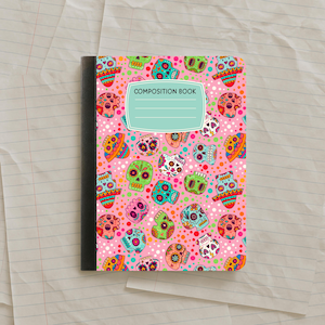 May include: A composition book with a pink cover featuring a pattern of colorful sugar skulls. The skulls are in various colors, including green, blue, pink, and orange, with intricate designs. The book has a black spine and the words "COMPOSITION BOOK" on the cover.