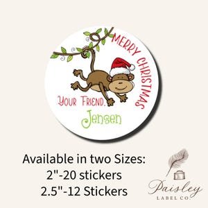 Christmas Monkey Wearing Santa Hat Teacher School Party Gift Giving Baking Food Labels Party Favor Tag Circle Round Label Sticker
