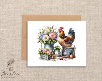 Chicken Floral Note Cards Set, Farmhouse Stationery Set, Rustic Hen Blank Cards with Envelopes, Country Garden Bloom Correspondence Cards