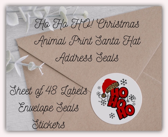 HO HO HO Leopard Animal Print Santa Hat Christmas Envelope Seals Stickers  Sheet of 48 