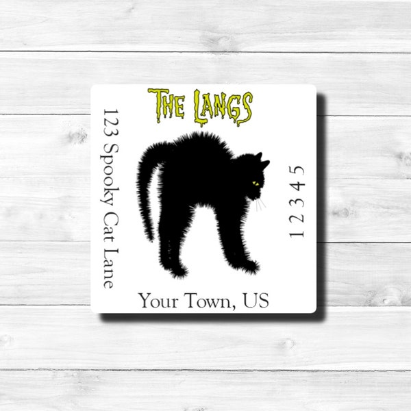 Spooky Spooked Black Cat Scaredy Cat Happy Halloween Creepy Goth Silhouette Square Return Address Label Mailing Label Sheet of 24 Stickers