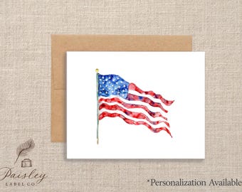 Watercolor Patriotic American Flag Note Cards, USA, Personalized, Cards for Veteran, Military Holiday Folded Notecards Set of 12