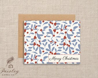 Scandinavian Mistletoe Christmas Greetings Holly Note Card Set Red Berries & Blue Leaves  Stationery Christmas Card Set w/Envelopes Blank