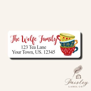 Stacked Colorful Bright Teacups Flower Tulip  Return Address Labels Mailing Stickers Sheet of 30