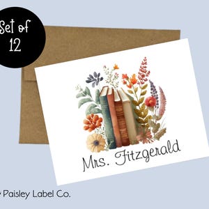 Botanical Floral Flowers Teacher Books Bookish Stack Library Notecard Note Card Personalized Custom Stationery Stationary Notecard Set