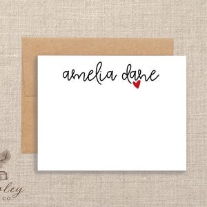 Personalized Simple Script Classic Heart Girls Thank You Set of 12 Gift Notecard Note Card  Stationery Stationary Folded Note Card Gift Set
