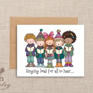 Whimsical Quirky Kids Choir Singing loud for all to hear Cute Christmas Carolers Holiday Stationery Folded Notecards Note Cards Set of 12