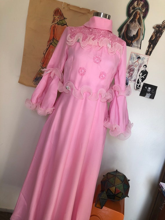pink sheer ruffle dress Pink Ruffled Sheer Long Sleeve Button Dress