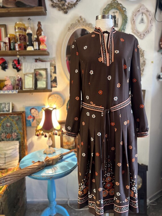 1970s midi dress Vintage 70s Floral Mod Midi Dress, 1970s Blue Floral Dagger Collar Dress,  70s Day Dress, 70s Long Sleeve Midi Shirtdress, Women Size Medium