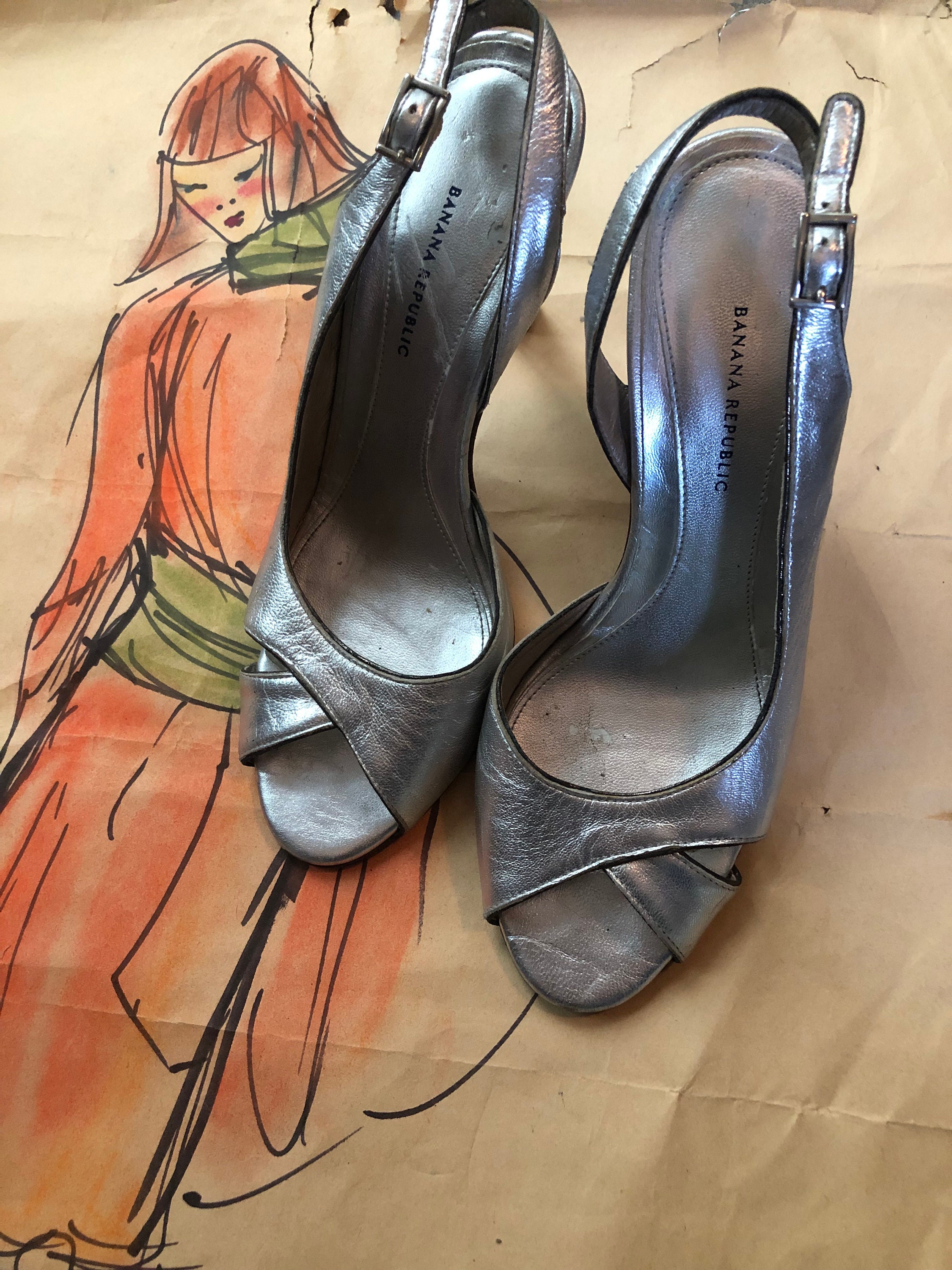 Banana Republic Metallic Silver Leather Slingback Shoes Etsy UK