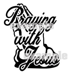 May include: Black and white illustration of praying hands with the text "Praying with Jesus".