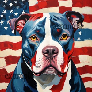 May include: A blue, white, and red American Pit Bull Terrier dog with a serious expression, standing in front of an American flag.