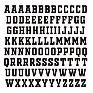 May include: A collection of black, block-style capital letters arranged in rows. The set includes multiple instances of each letter of the English alphabet, from A to Z, presented in a uniform, bold, sans-serif typeface against a plain white background.
