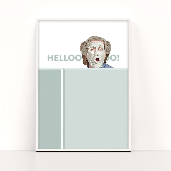 PRINTABLE Mrs. Doubtfire Illustration Art Print - Welcome Entryway Wall Decor - "Hello!" - Funny Movie Scene Digital Download