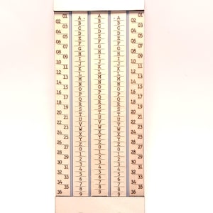 May include: A rectangular metal tool featuring three vertical columns of characters. The outer columns display numbers 01 through 36, while the two inner columns contain the alphabet from A to Z followed by numbers 0 through 9 in a grid format.