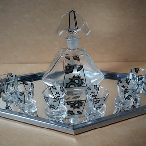 Liquor Set Bohemia/Bottle /6 Shot Glass/Tray mirror /Cut /Art Deco/Black/Czech Republic /Marked/Circa1930