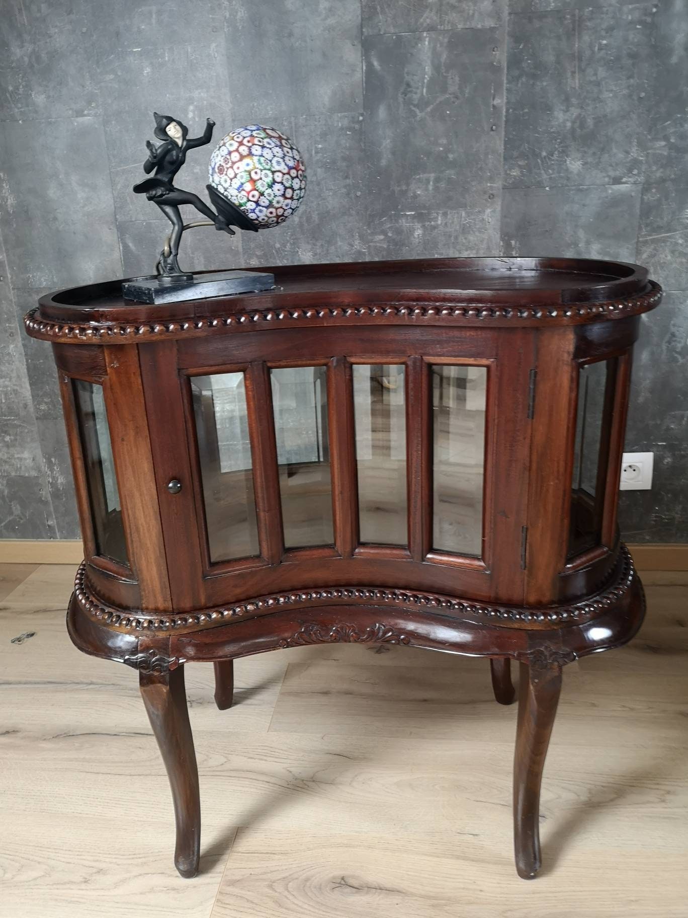 Handmade Kidney Shaped Beverage Cabinet with Beveled Glass Panels Queen Anne Paws Tea Cabinet in English Style Showcase Display