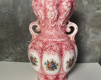 Italian Pink Vase - Porcelain - Relief of Pink Flowers Motif - With Gold Accents - Large Victorian Vase -