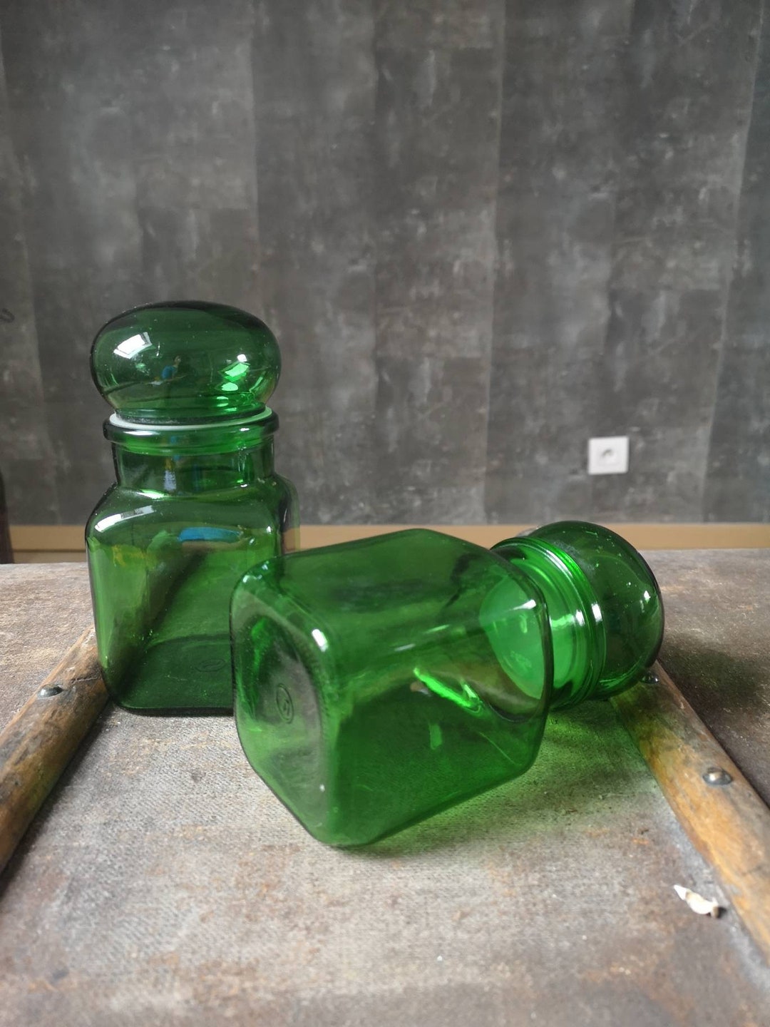 Green Glass Pharmacy Jars Square Storage Jar With Lid Retro Bottles Set