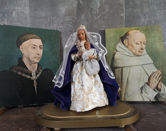 Religious Wax Madonna - Mary with Child - Lace Dress and Cape Coat - Crown - Hand Made -Display Madonna