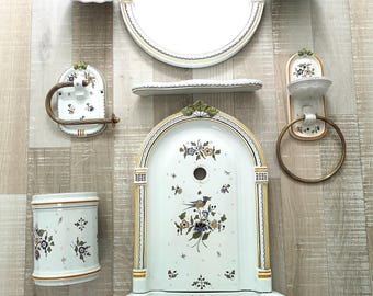 Wandfontein wastafel  met waterkraan tap en accessoires set - Geel wit -Vogel Jardinier Handgeschilderd op porselein -