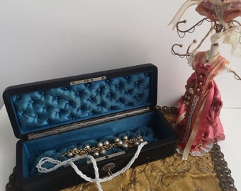 Vanity Jewelry Box or Glove Box - Black Leather Box with Sea Blue Tufted Silk Lining - Circa 1880-1910