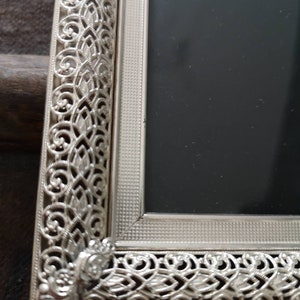 Metal Rectangular Photo Frame - Ornate Openwork Frame - Glass Plate and Green Fabric Back - Victorian Photo Frame