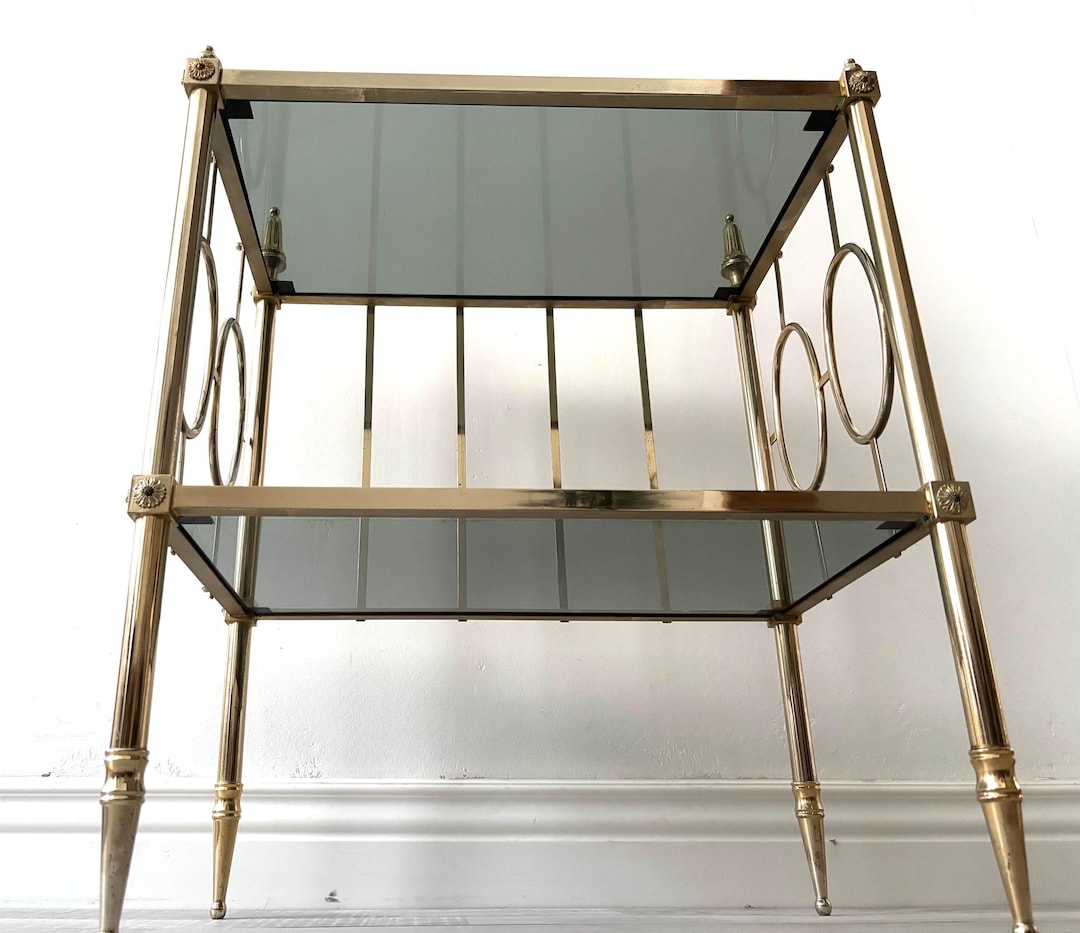 Vintage French Brass Nightstand With Tinted Glass – Hollywood Regency