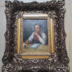 Retrato al óleo - Hombre escribiendo una carta - Firmado por J. Ceulemans - Marco rococó rectangular ornamentado