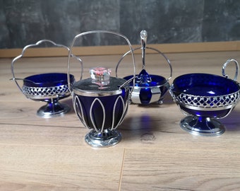 Cobalt Blue Glass Sugar Bowls and Creamer - Chrome Sugar Holder with 3 Coffee Spoons - English Style Serving Utensils - Set of 4 Bowls