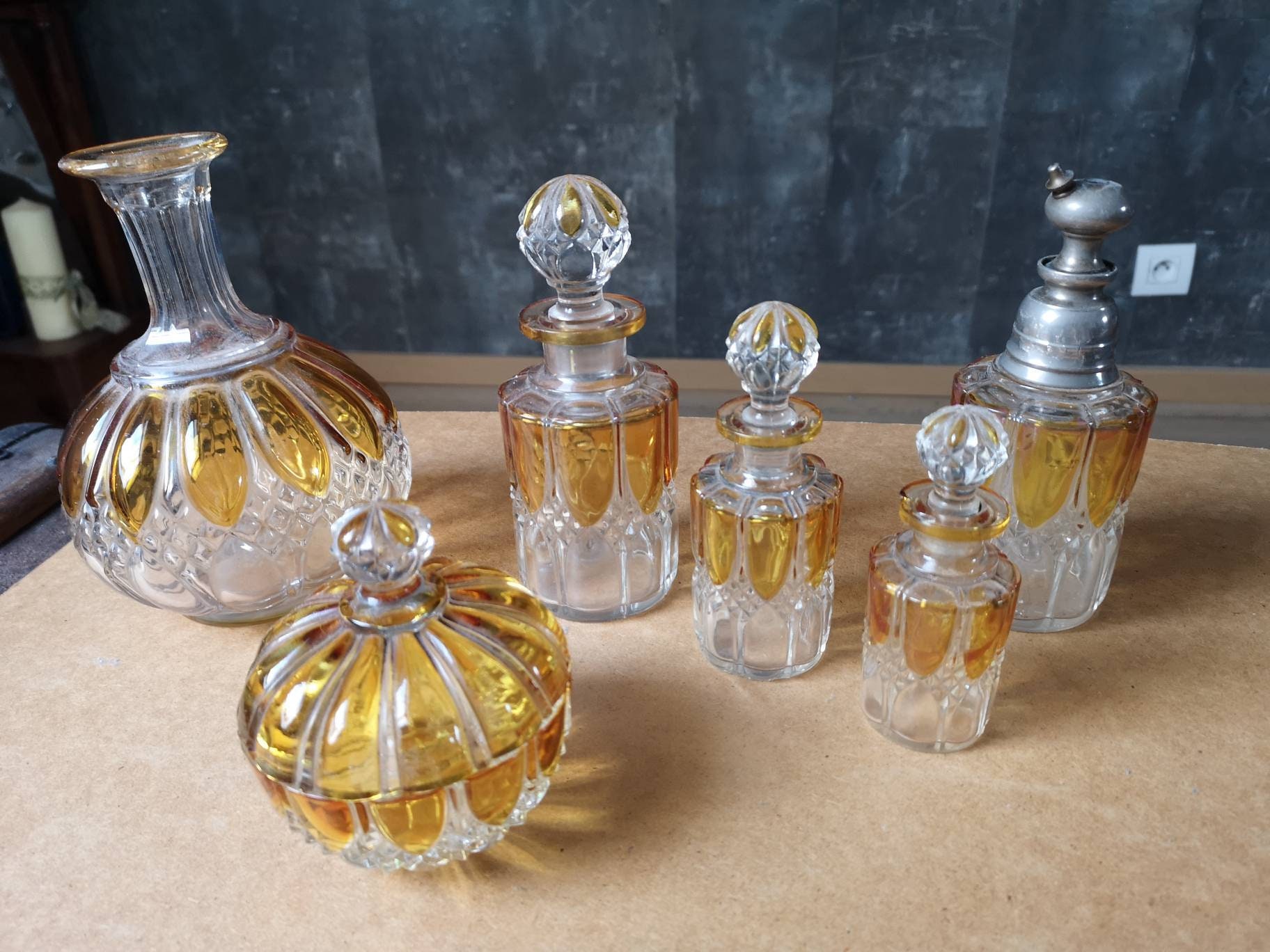 Dressing Table Set Crystal - Belgian Val Saint Lambert - Honey yellow cut glass - Perfume bottles - Perfume penny - Jewelry jar - Carafe