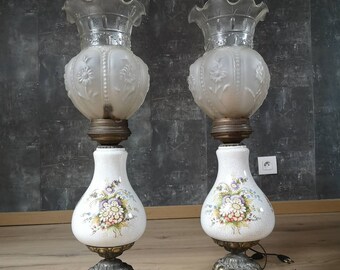 Porcelain Crackle Oil Table Lamp - Hand Painted Floral Pattern - Brass Base Lamp - Oil Lamp Replacement to Electric Table Lamp