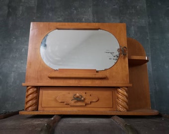 Wooden wall cabinet with mirror door - shelves and 1 drawer - Bathroom cabinet - Toilet Sanitary cabinet - Vintage hanging cabinet