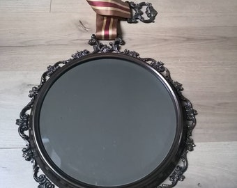 Round wall mirror with hanger - Brass frame with cut mirror edge - Long fabric ribbon - Medal round wall mirror - Hall Mirror