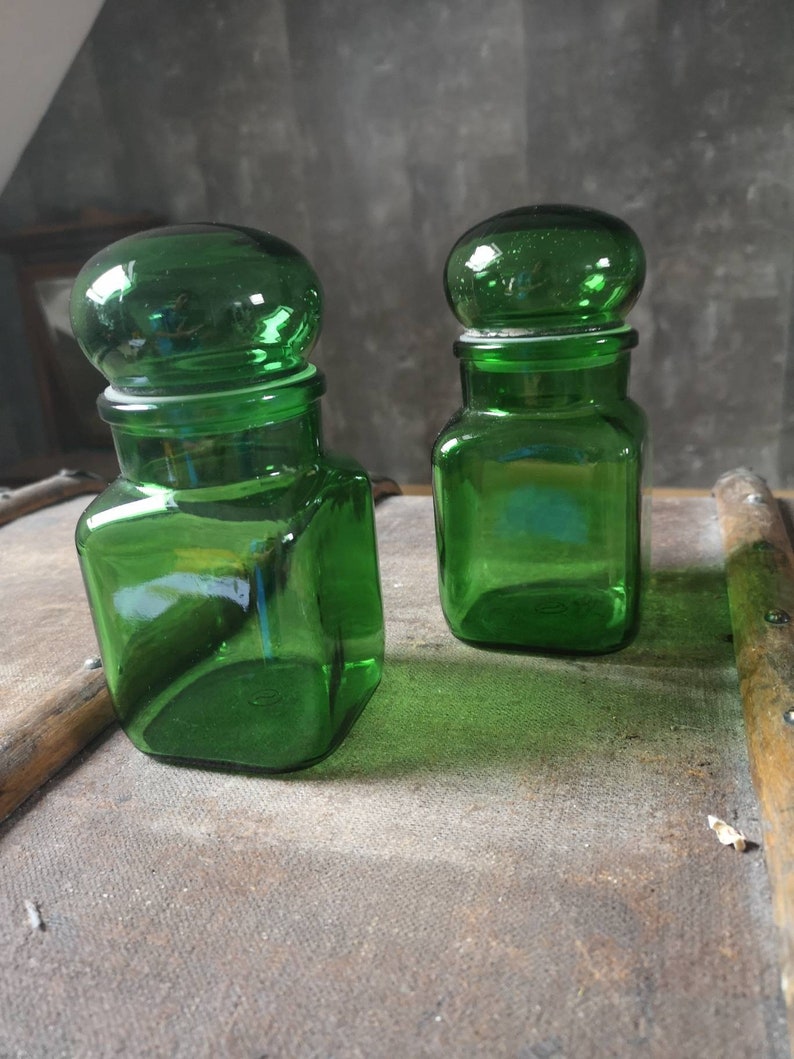 Green Glass Pharmacy Jars Square Stock Jar With Lid Retro Etsy