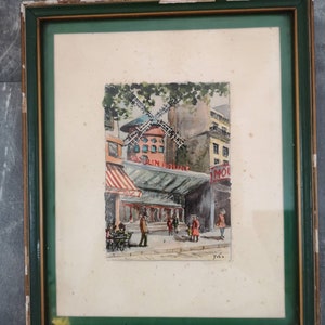 Dipinto "Moulin Rouge di Parigi" - Matita e acquerello - Firmato Y.C. - Carta da disegno J.L. Blacons Pate - Cornice verde