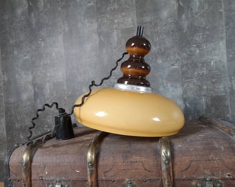 Rise and Fall lamp - Italian Brevettato Pantented Hanging lamp - Brown glass shade - Ceramic fixture lamp - Rolly Lamp - Circa 1970