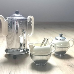 Art-déco-Isolierkaffeemaschine – Benraad, hergestellt in Holland – Kaffeekanne aus Chrom – Milchkännchen – Zuckerkännchen – Porzellan, Elfenbein und Chrom – Thermoskanne