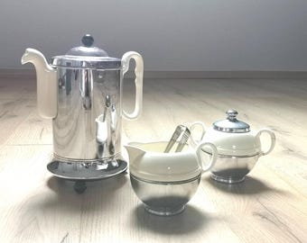 Art Deco Insulated coffee - Benraad Made Holland - Chrome Coffee Pot - Milk Jug - Sugar Jug - Porcelain Ivory and Chrome - Thermal Jug