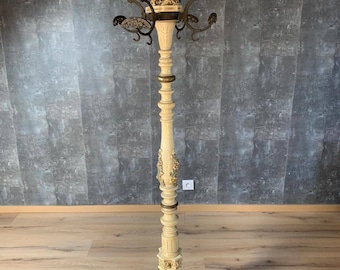 1960 Freestanding Coat Rack Furniture - Crackle Cream Hand Painted - Cherub with Claw Legs - Floor Coat Rack Coat Hook and Hat Hook