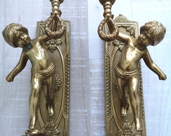 Pair of Solid Brass Cherub Sconce Candle Holder - Gold Wall Sconce Candle Plate - Decorative Candle Holder for Piano Room