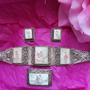 Joyería de filigrana de pulsera, pendientes y broche con caja de cartón original - Geisha china pintada a mano